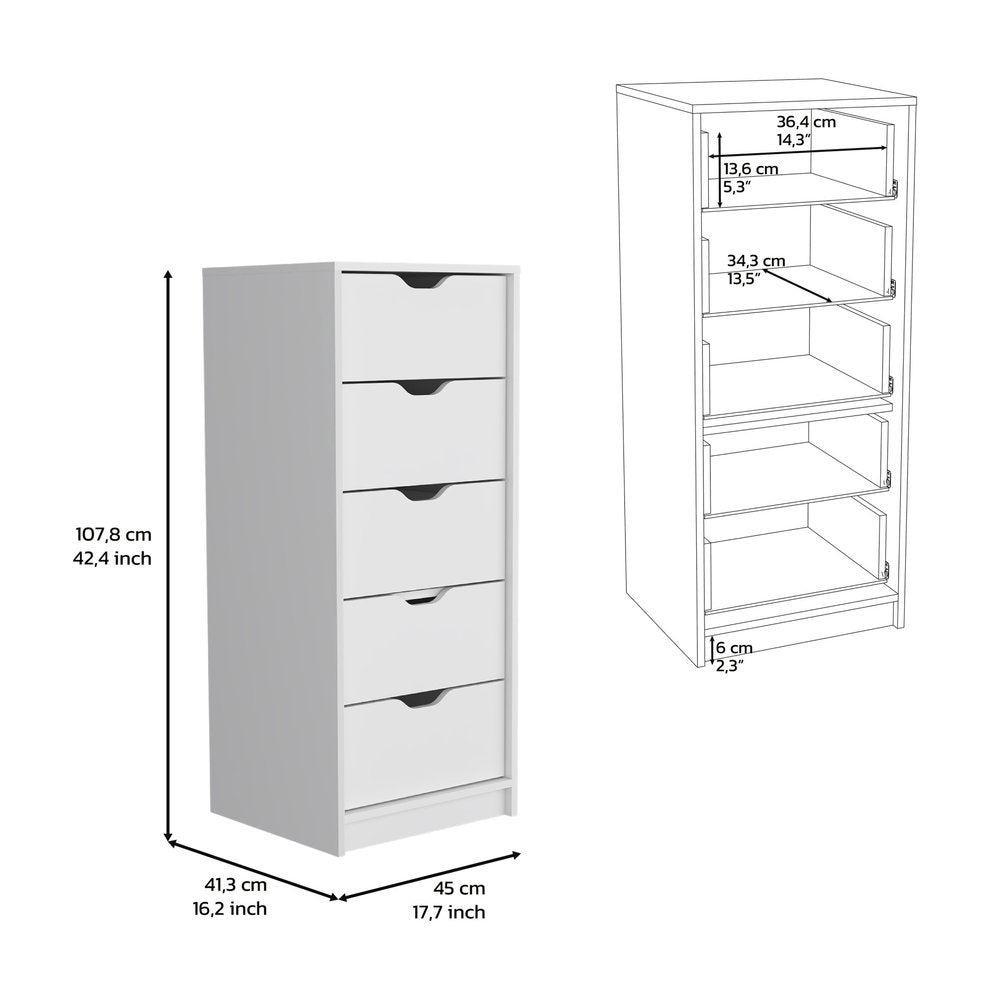 18" White Five Drawer Standard Chest
