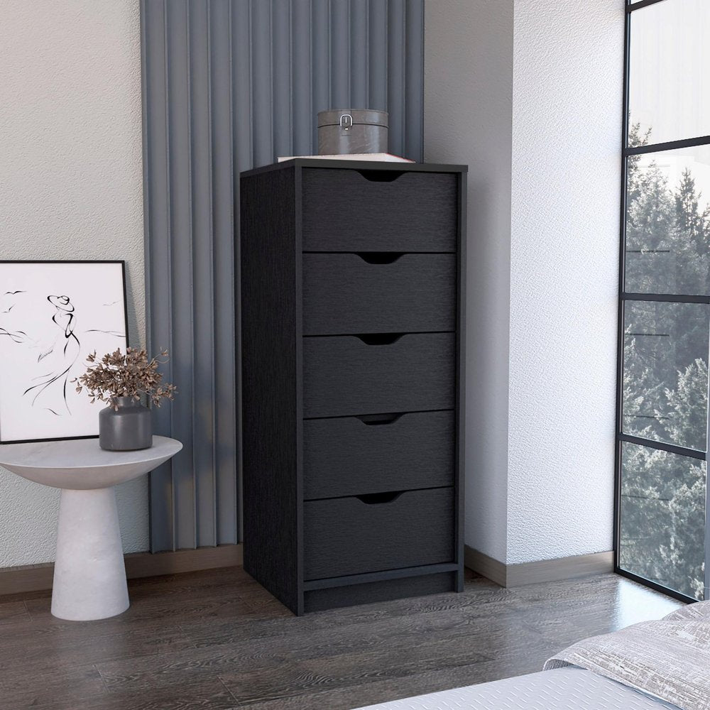 18" Black Wood Five Drawer Dresser