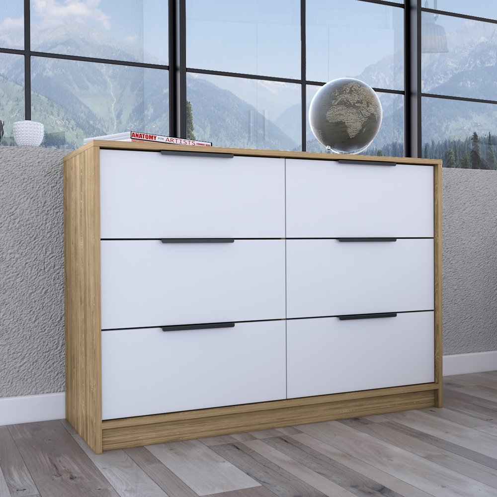 42" White And Natural Wood Six Drawer Double Dresser
