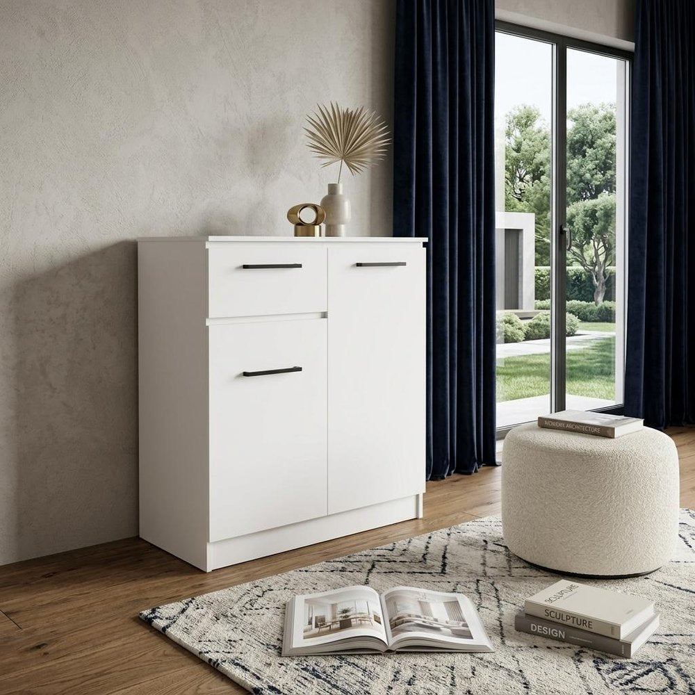 37" White Wood Two Door Single Drawer Combo Dresser