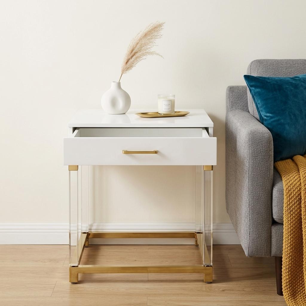24" White and Gold Wood Acrylic and Stainless Steel Square End Table With Drawer