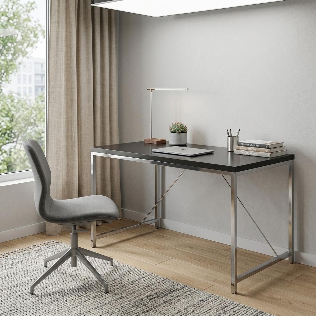 54" Black and Silver Wood and Stainless Steel Writing Desk