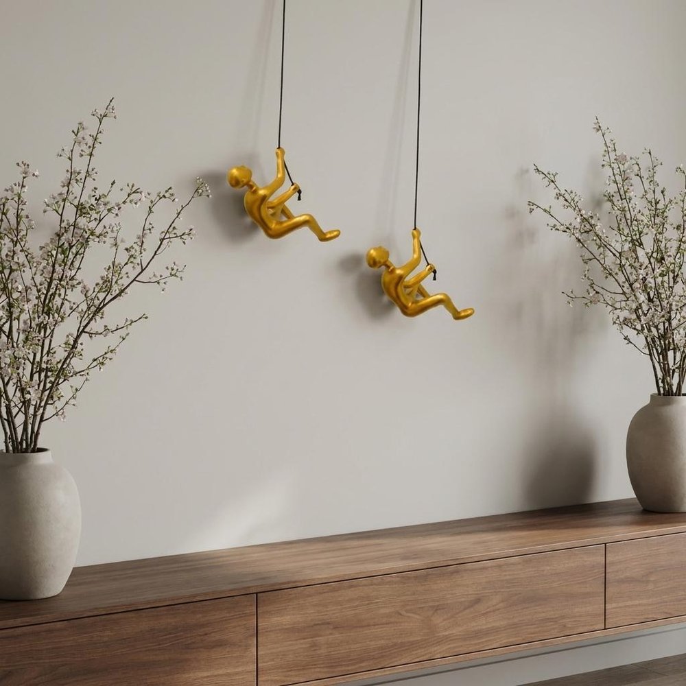 Set of Two Gold Resin Climbing Man Hanging Dimensional Sculpture