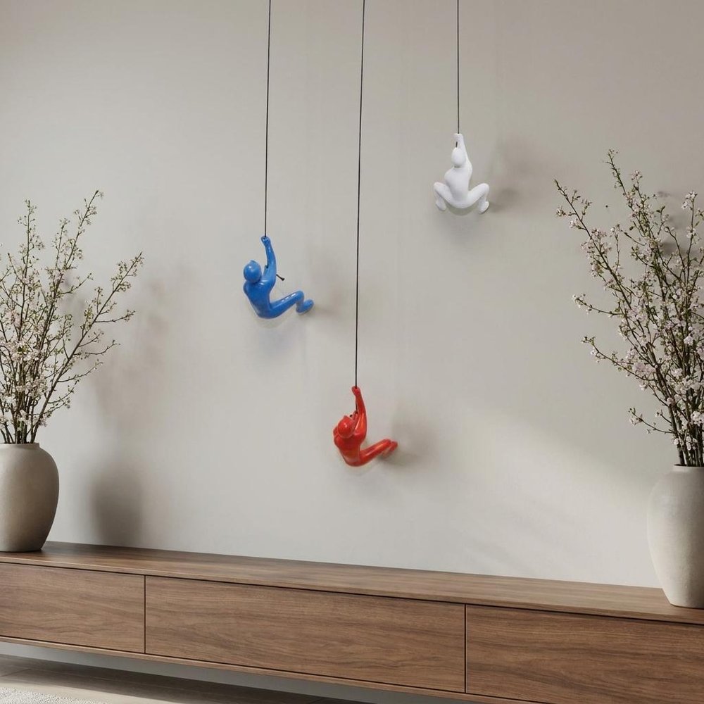 Set of Three Blue Red And White Resin Climbing Man Hanging Dimensional Sculpture