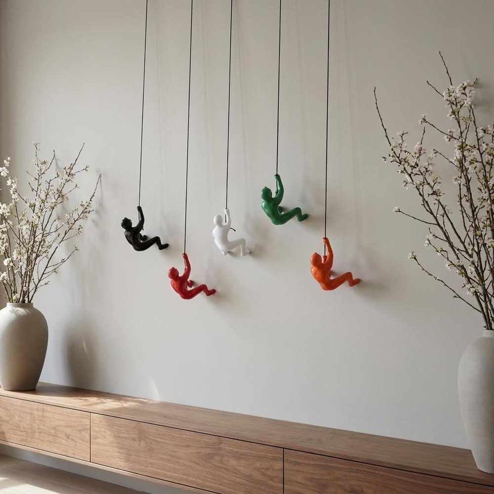 Set of Five Black Green Orange Red And White Resin Climbing Man Hanging Dimensional Sculpture
