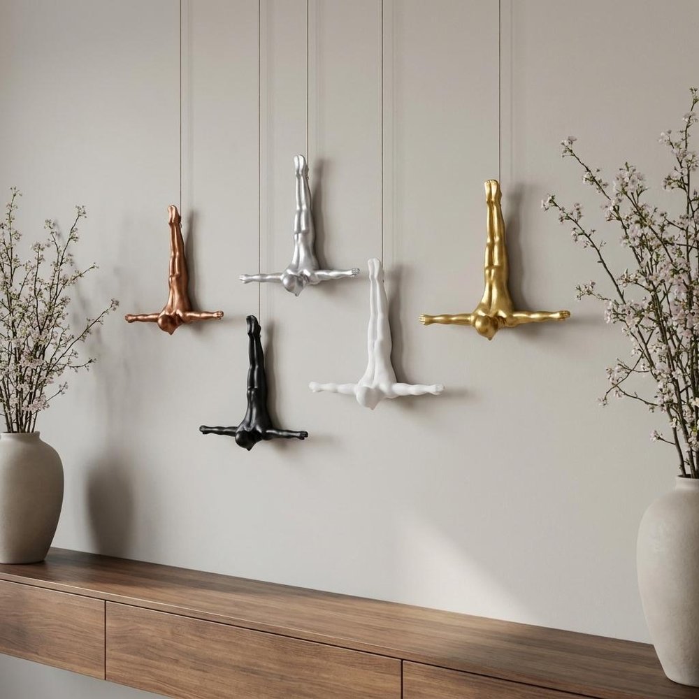 Set of Five Black White And Metallic Resin Diving Man Hanging Dimensional Sculpture