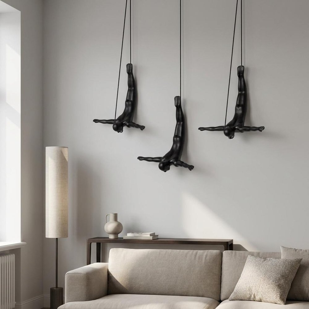 Set of Five Black White And Metallic Resin Diving Man Hanging Dimensional Sculpture