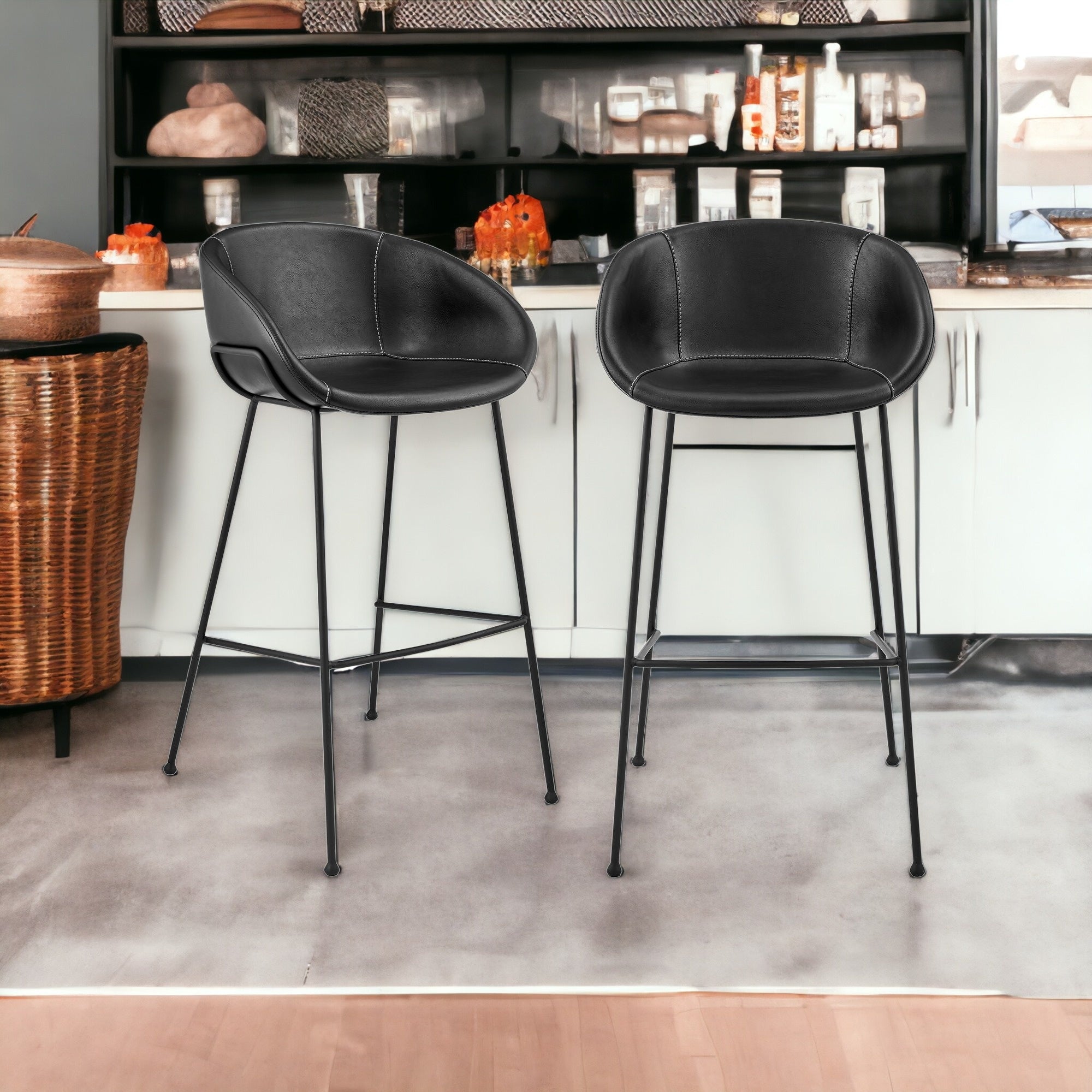 Set of Two 30" Black Faux Leather and Steel Low Back Bar Height Bar Chairs