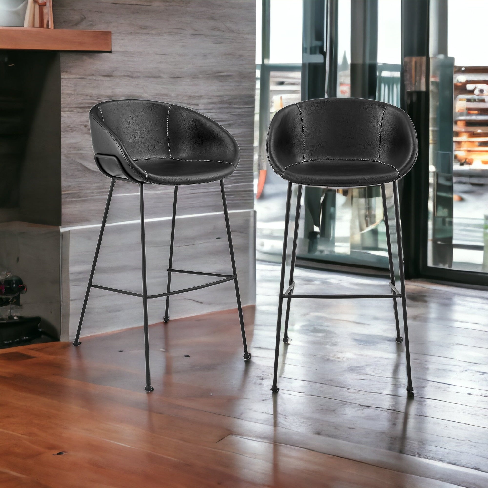 Set of Two 30" Black Faux Leather and Steel Low Back Bar Height Bar Chairs