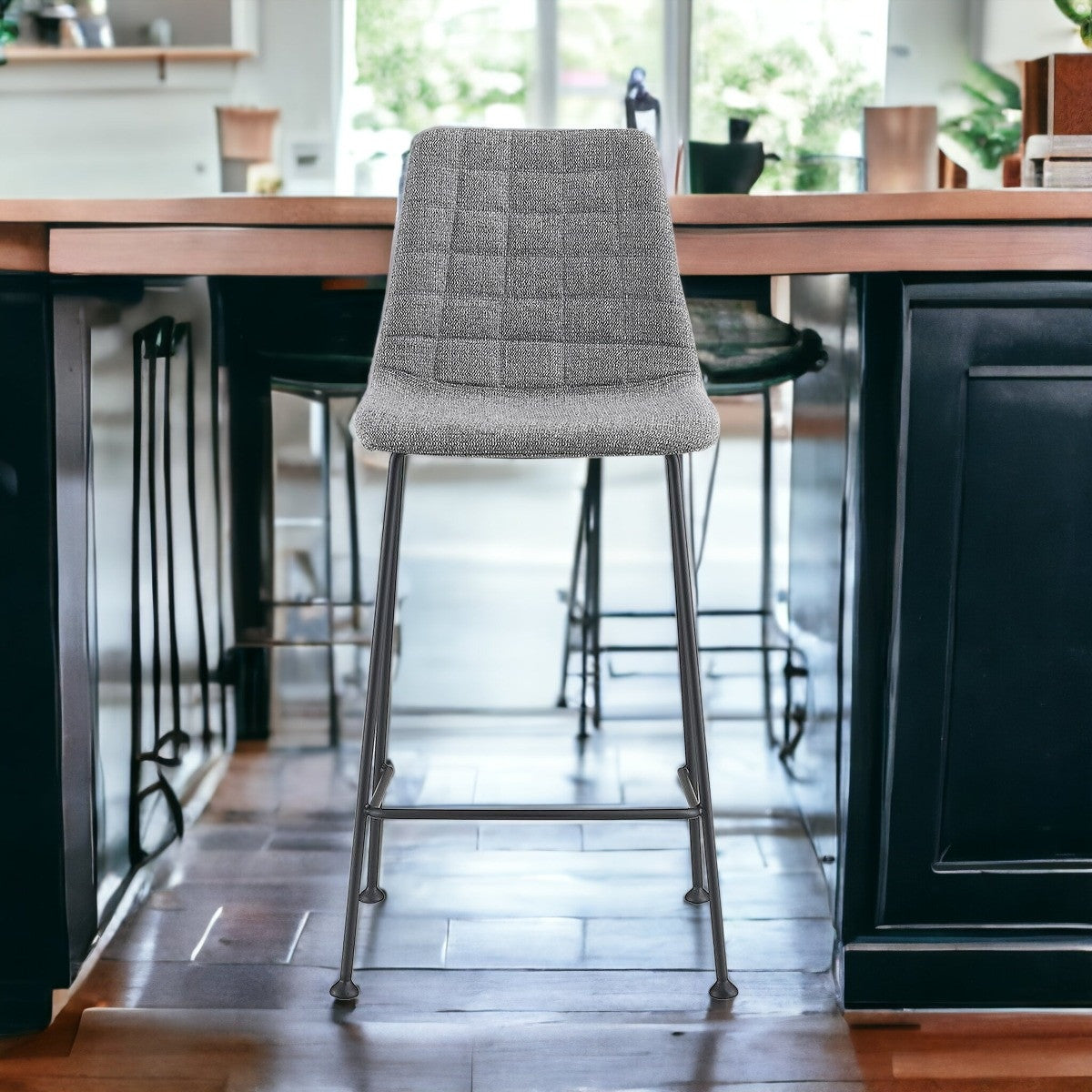 Set of Two 26" Light Gray and Black Fabric and Steel Low Back Counter Height Bar Chairs