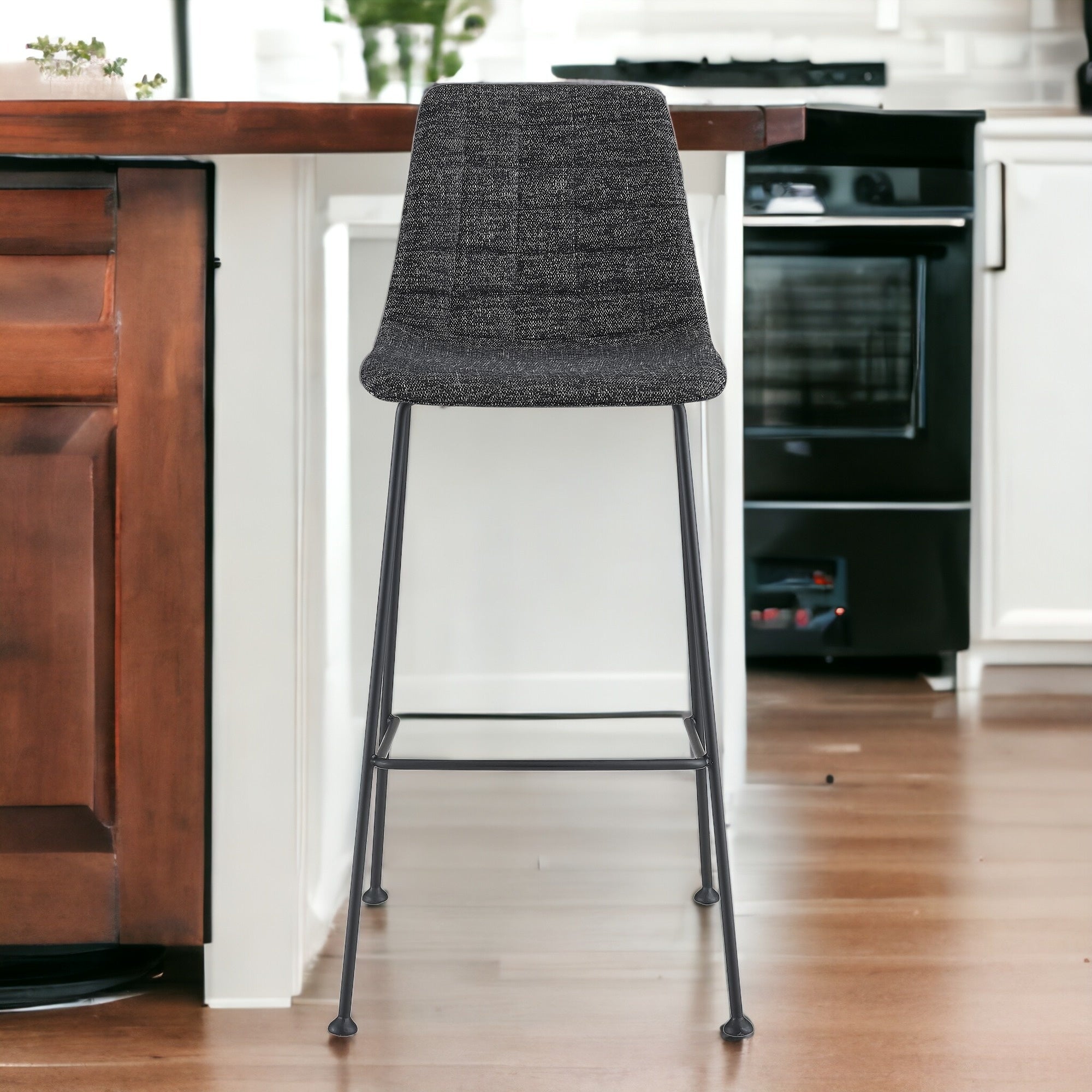 Set of Two 30" Black Fabric and Steel Low Back Bar Height Bar Chairs