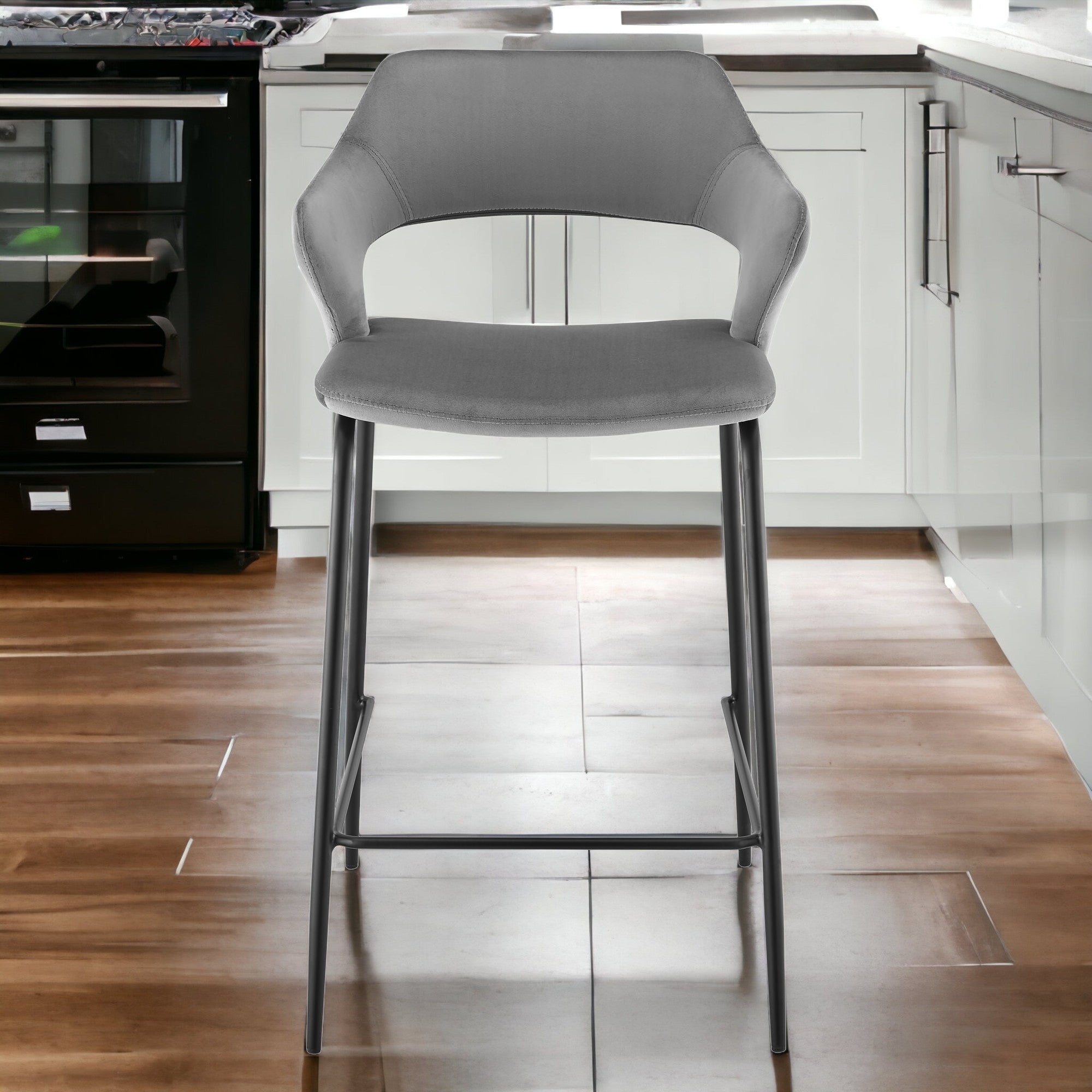 26" Gray and Black Velvet and Steel Low Back Counter Height Bar Chair