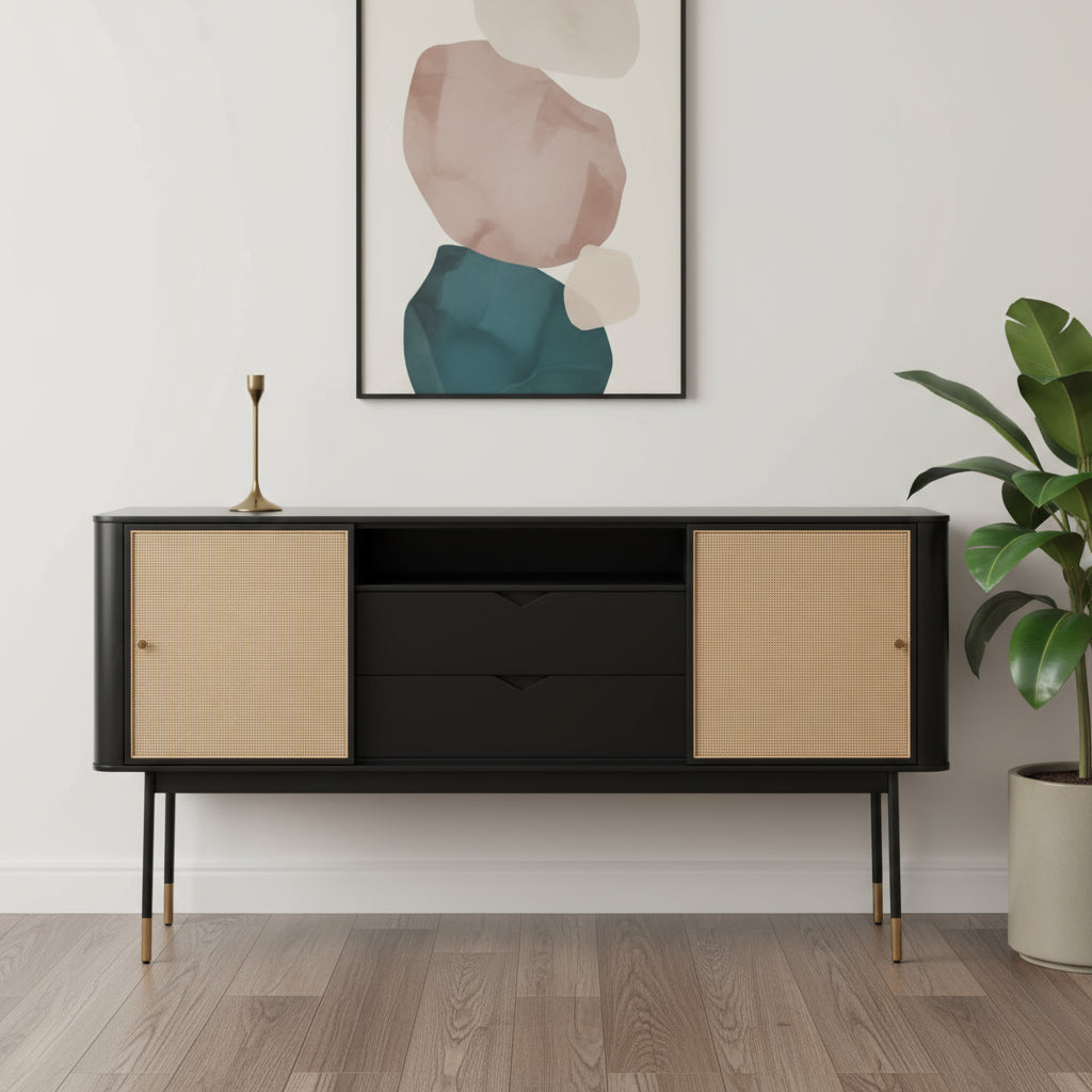 59" Black And Natural Wood Two Drawer Sideboard with Two Sliding Doors