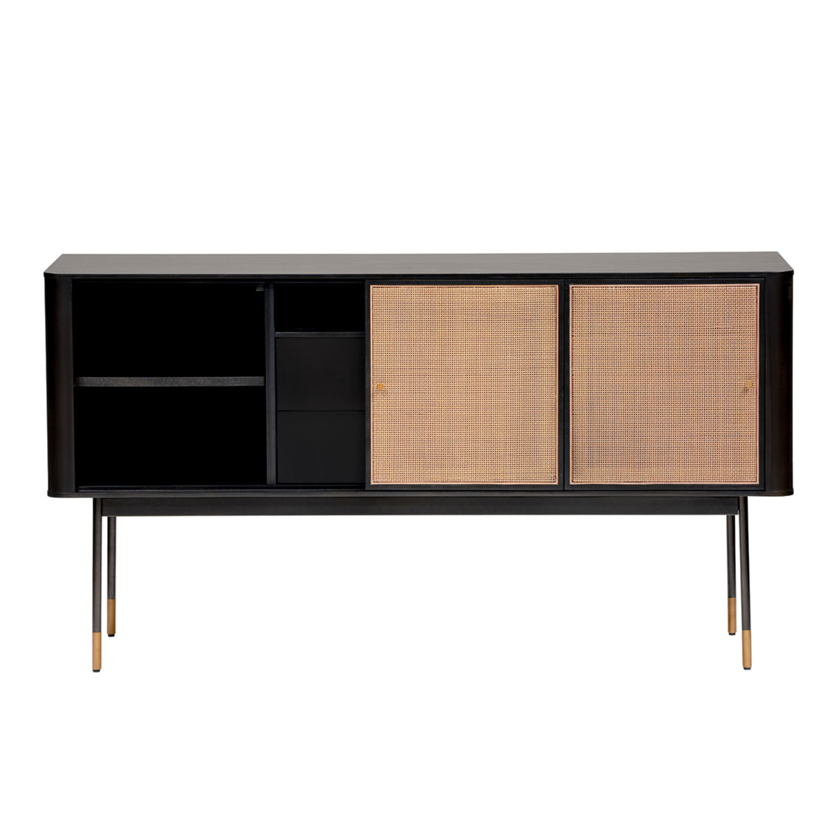 59" Black And Natural Wood Two Drawer Sideboard with Two Sliding Doors