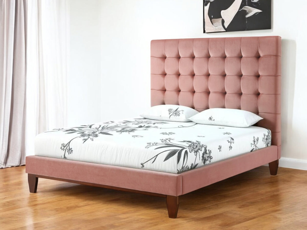 Blush Solid Wood Queen Tufted Upholstered Velvet Bed