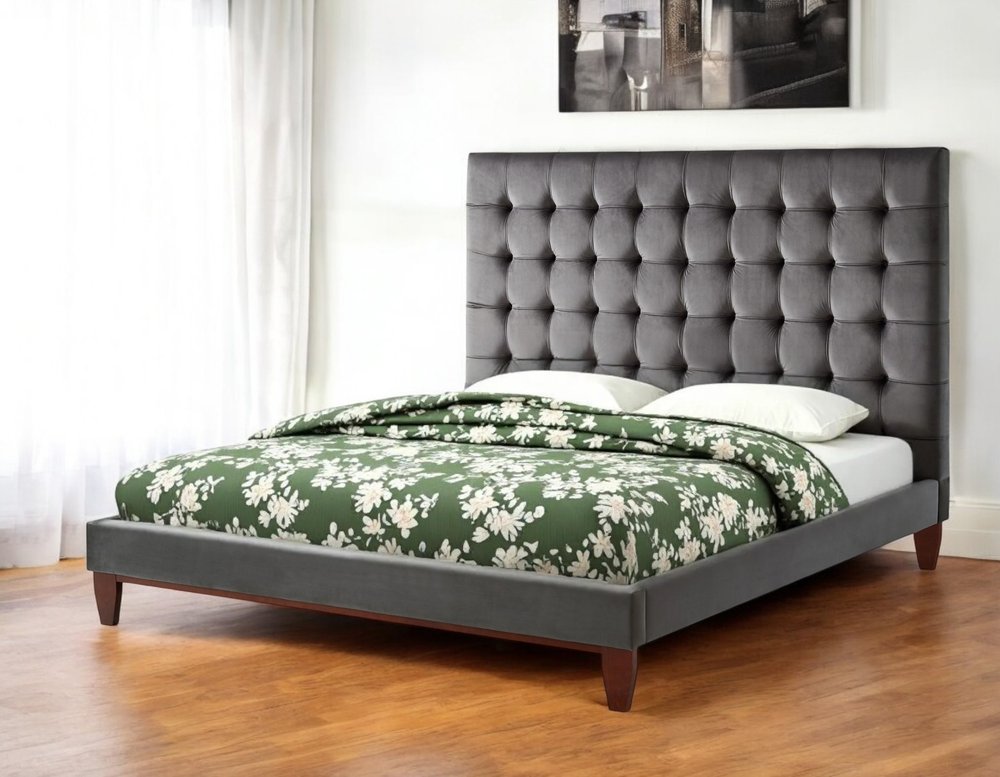 Navy Blue Solid Wood Twin Tufted Upholstered Velvet Bed