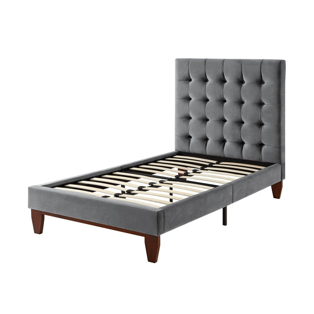 Navy Blue Solid Wood Twin Tufted Upholstered Velvet Bed