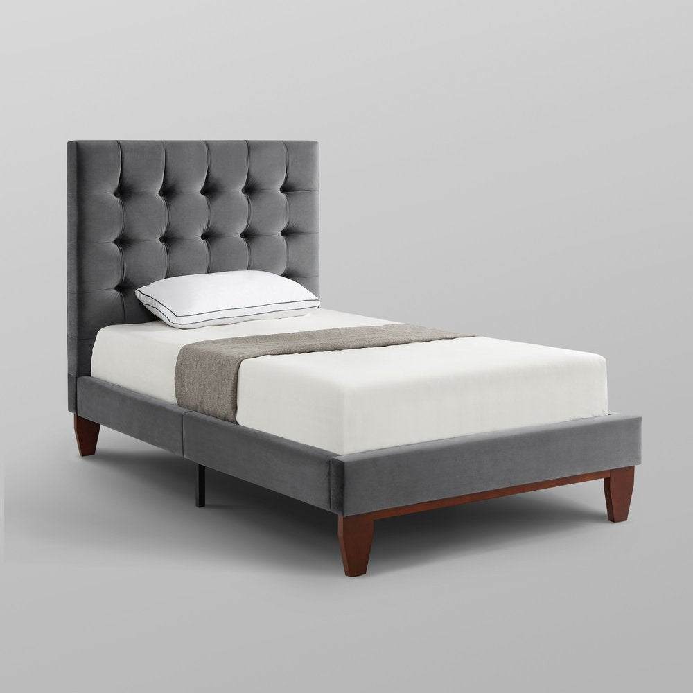 Navy Blue Solid Wood Twin Tufted Upholstered Velvet Bed