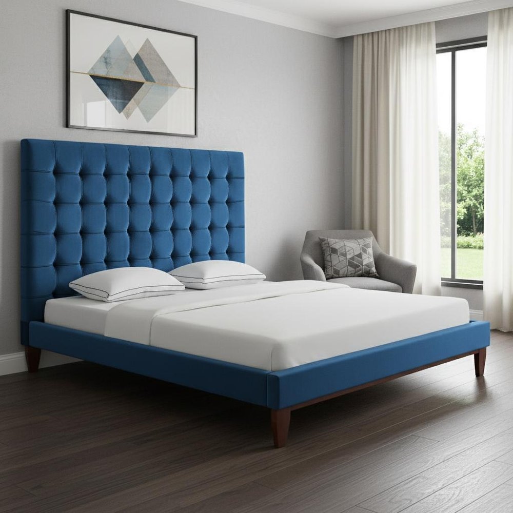 Navy Blue Solid Wood King Tufted Upholstered Velvet Bed