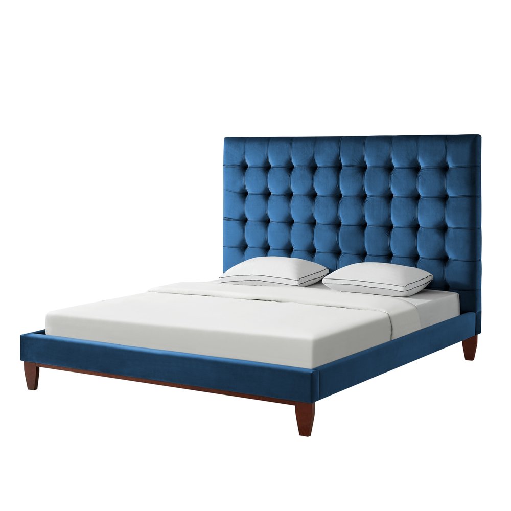 Navy Blue Solid Wood Twin Tufted Upholstered Velvet Bed