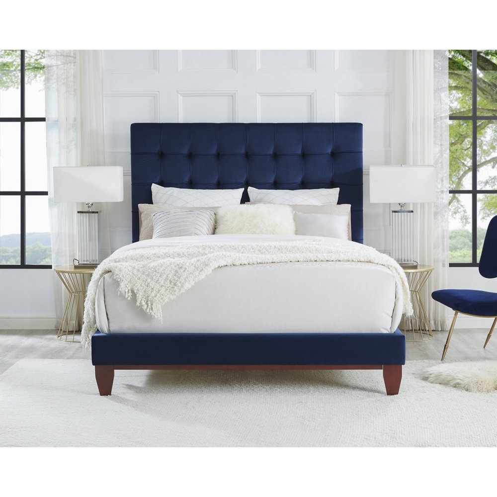Navy Blue Solid Wood Twin Tufted Upholstered Velvet Bed