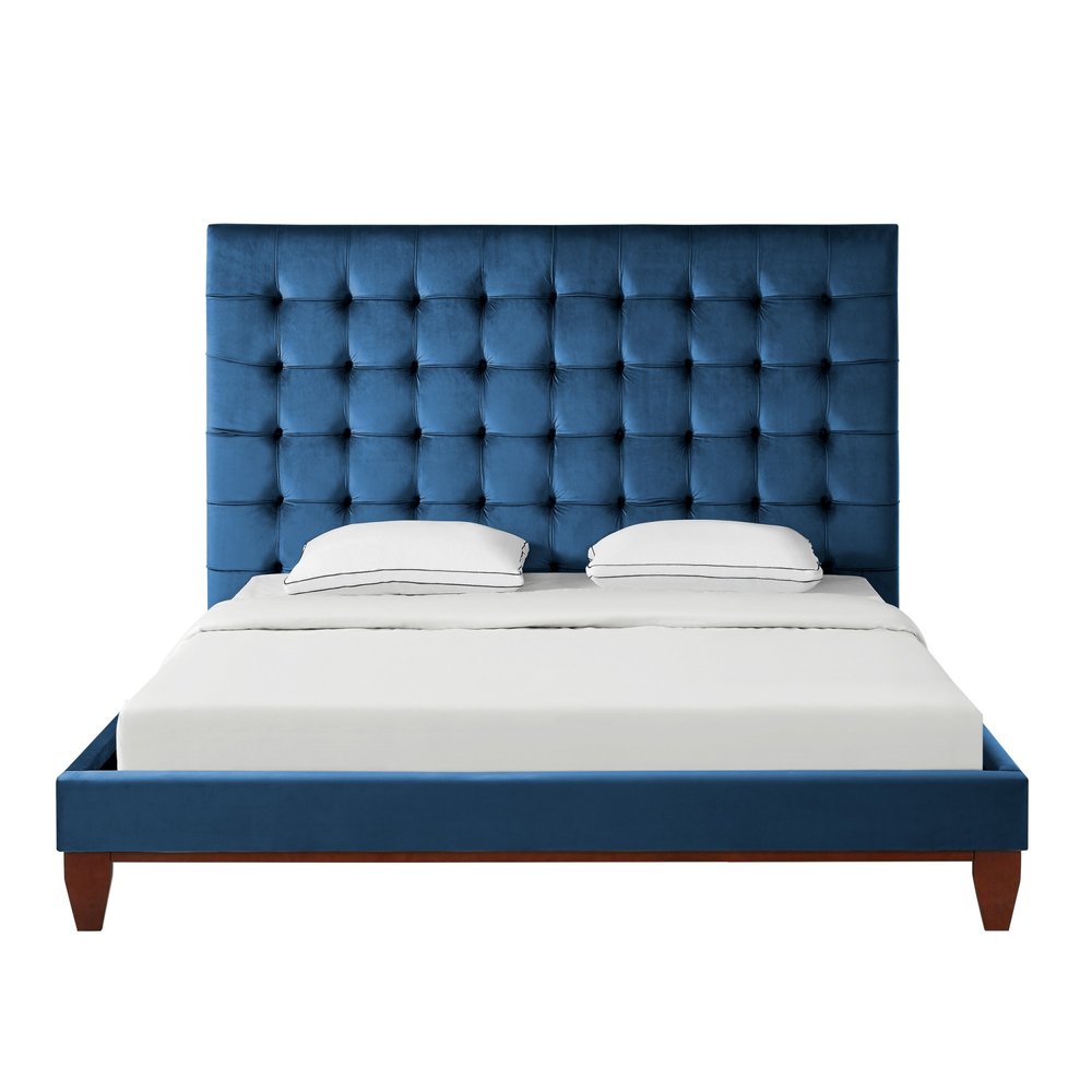 Navy Blue Solid Wood Twin Tufted Upholstered Velvet Bed