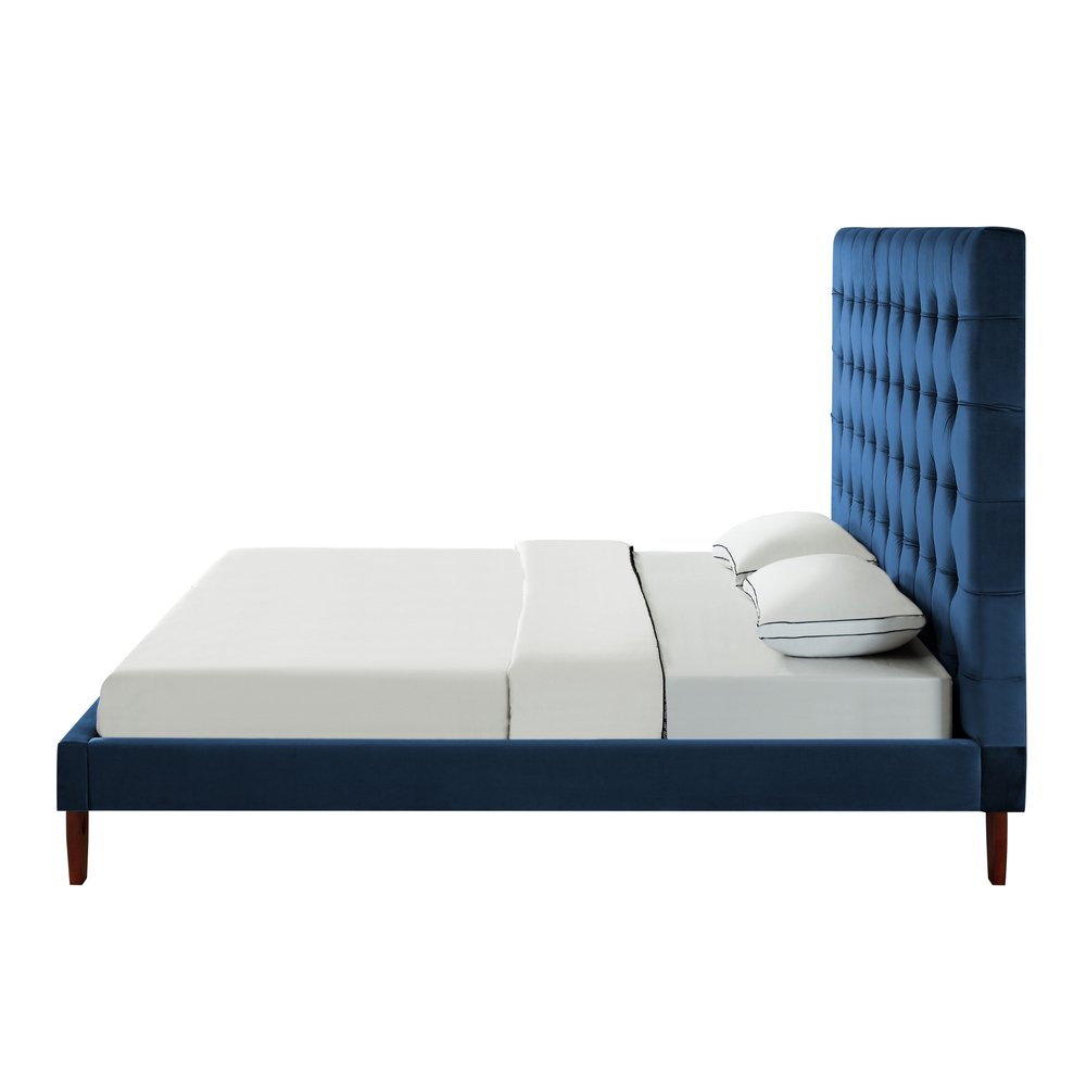 Navy Blue Solid Wood Twin Tufted Upholstered Velvet Bed