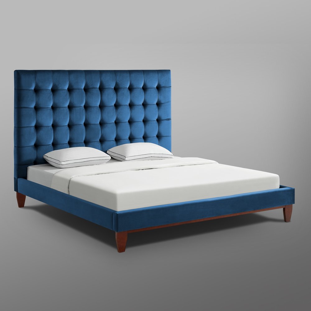 Navy Blue Solid Wood Twin Tufted Upholstered Velvet Bed