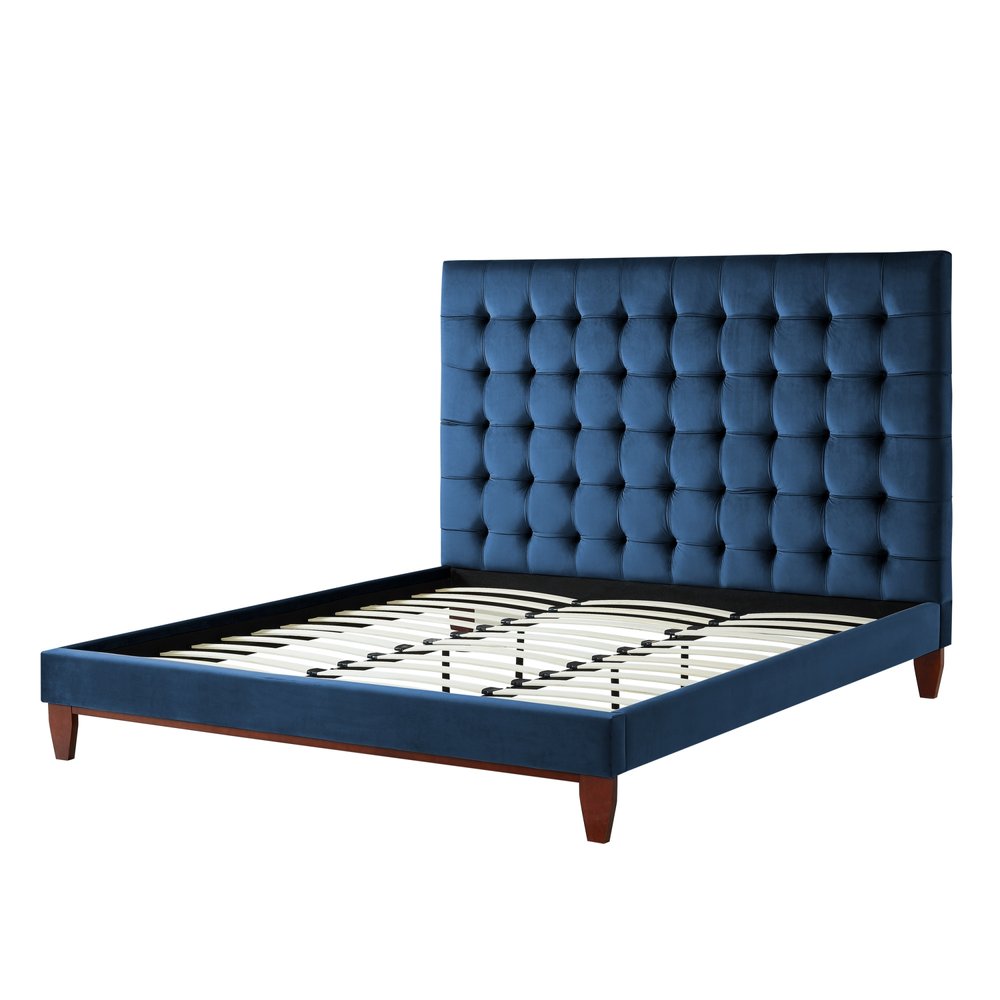 Navy Blue Solid Wood Twin Tufted Upholstered Velvet Bed