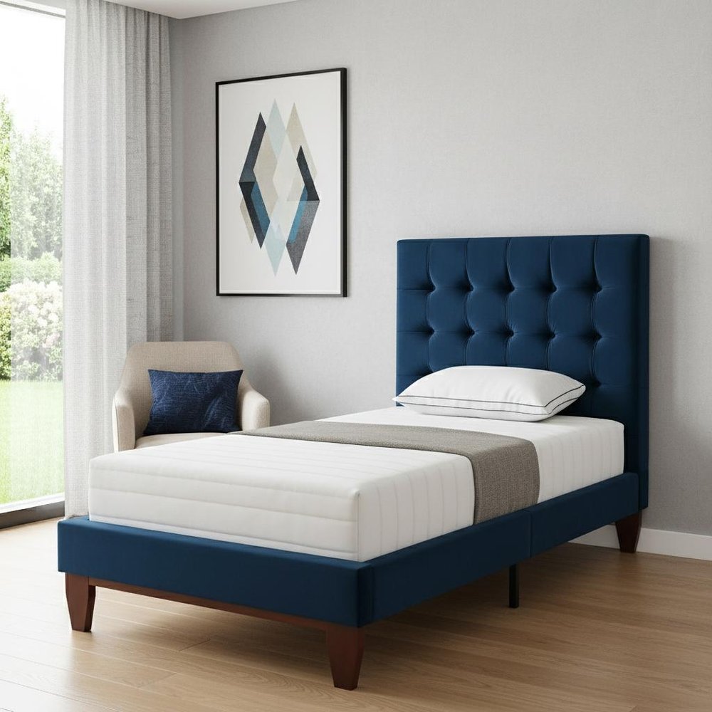 Navy Blue Solid Wood King Tufted Upholstered Velvet Bed