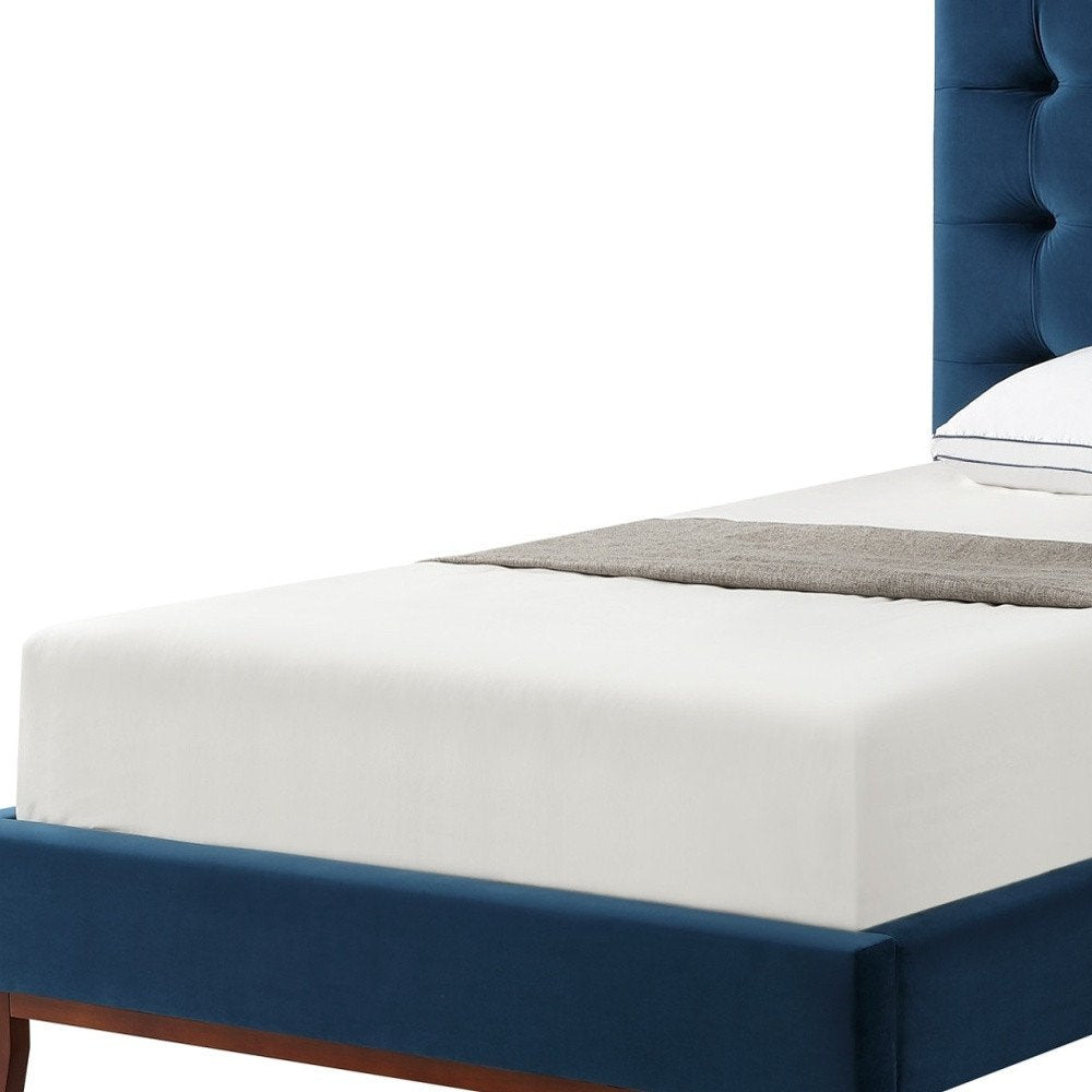 Navy Blue Solid Wood King Tufted Upholstered Velvet Bed