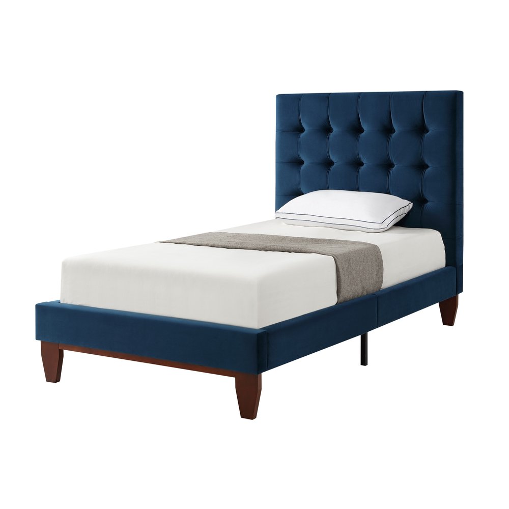 Navy Blue Solid Wood King Tufted Upholstered Velvet Bed