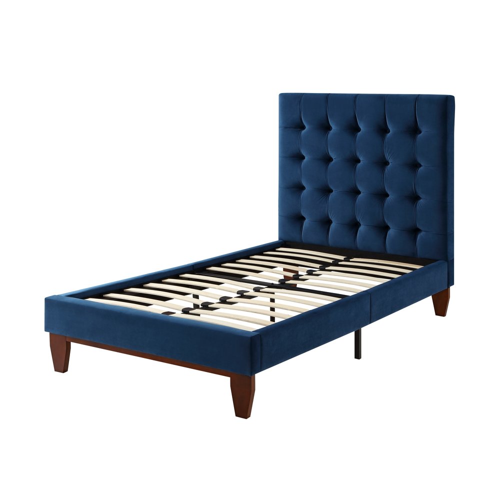Navy Blue Solid Wood King Tufted Upholstered Velvet Bed