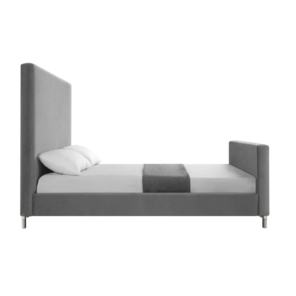 Denim Blue Solid Wood King Upholstered Linen Bed