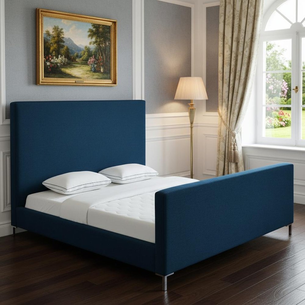 Denim Blue Solid Wood King Upholstered Linen Bed