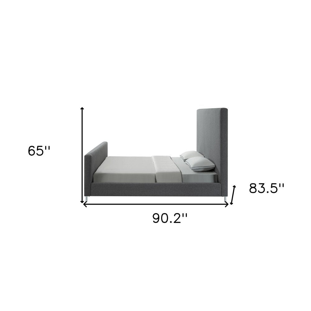 Denim Blue Solid Wood King Upholstered Linen Bed
