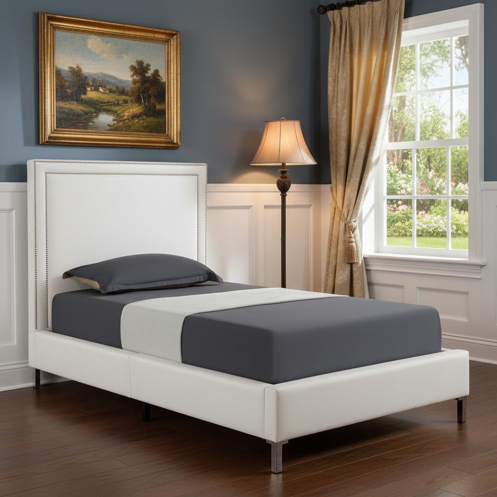 White Solid Wood Twin Upholstered Faux Leather Bed Frame with Nailhead Trim
