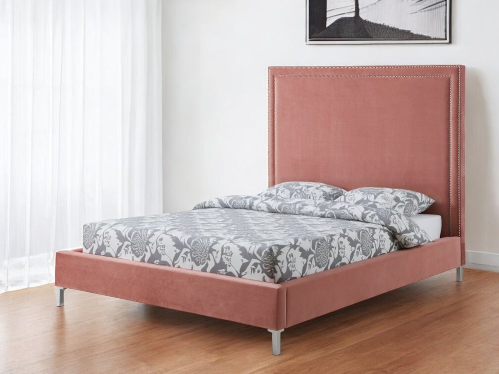 Blush Solid Wood Queen Upholstered Velvet Bed with Nailhead Trim