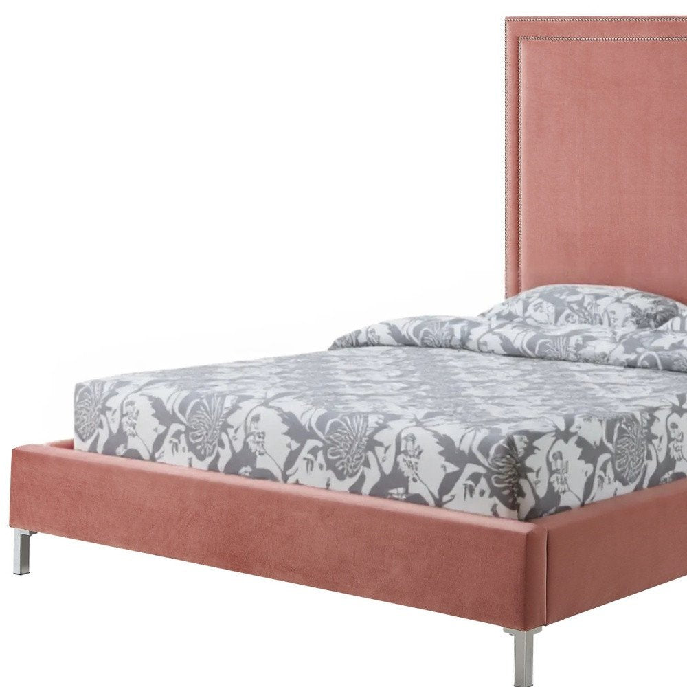 Blush Solid Wood Queen Upholstered Velvet Bed with Nailhead Trim