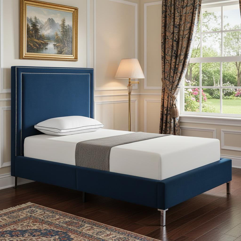 Navy Blue Solid Wood Twin Upholstered Velvet Bed with Nailhead Trim