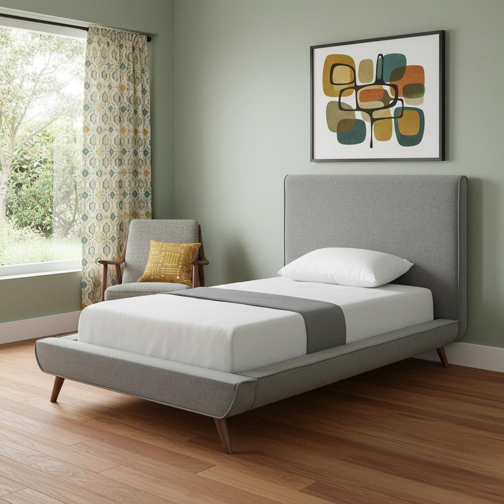 Gray Solid Wood Twin Upholstered Linen Bed