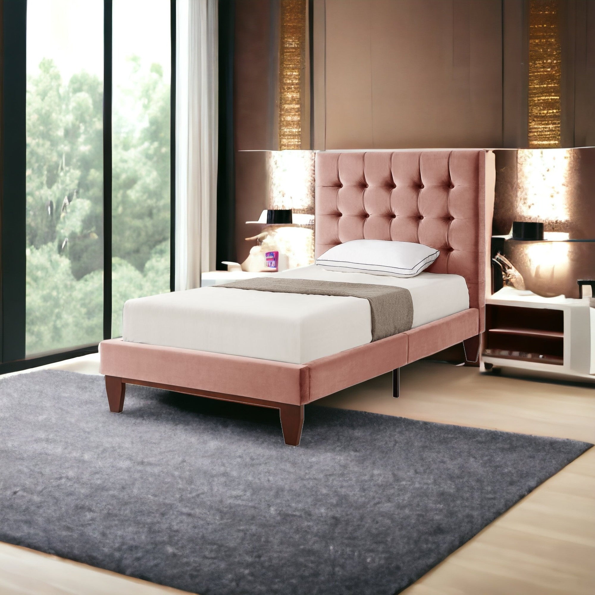 Blush Solid Wood Queen Tufted Upholstered Velvet Bed