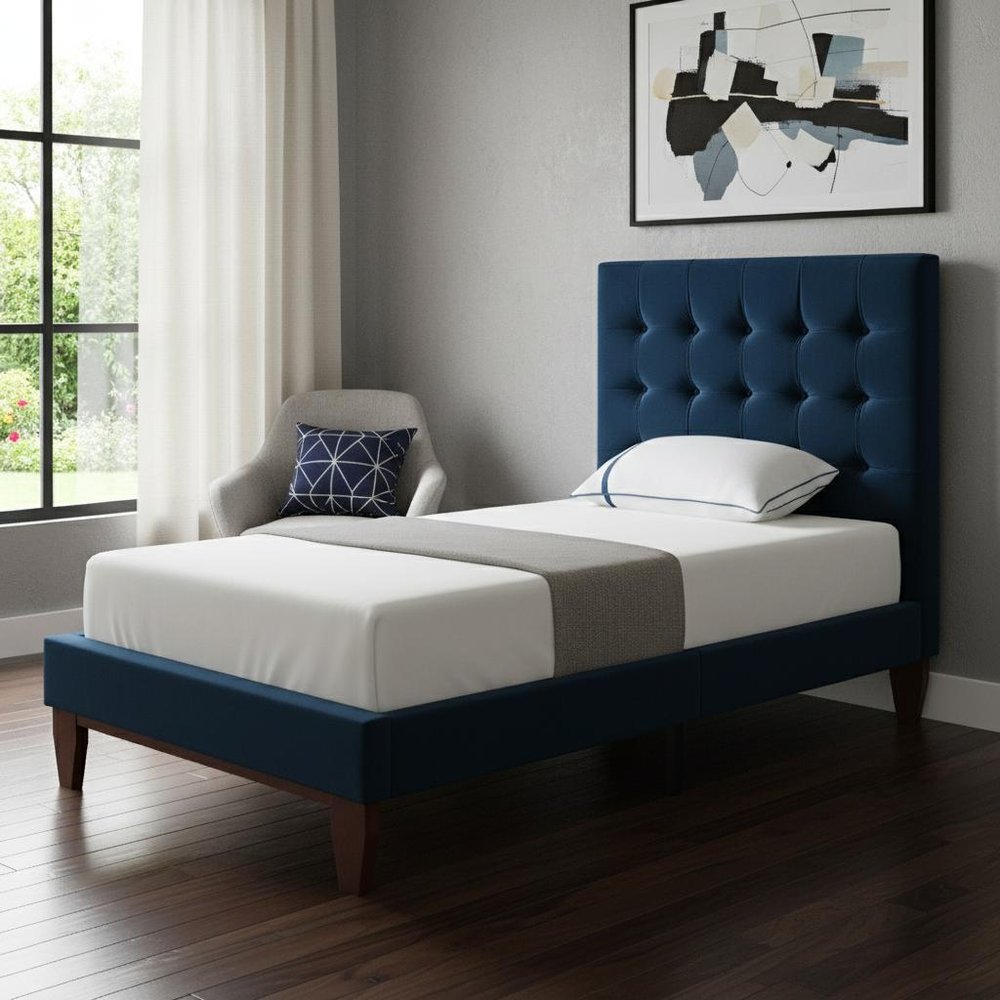 Navy Blue Solid Wood King Tufted Upholstered Velvet Bed