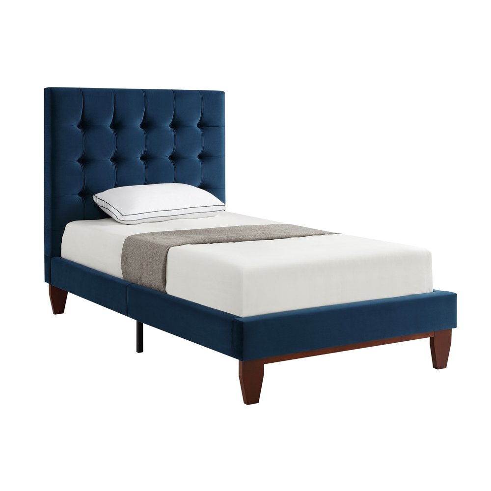 Navy Blue Solid Wood King Tufted Upholstered Velvet Bed