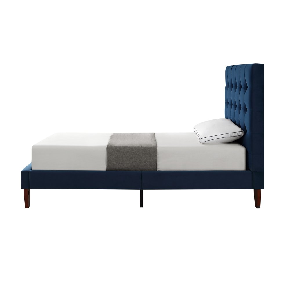 Navy Blue Solid Wood King Tufted Upholstered Velvet Bed