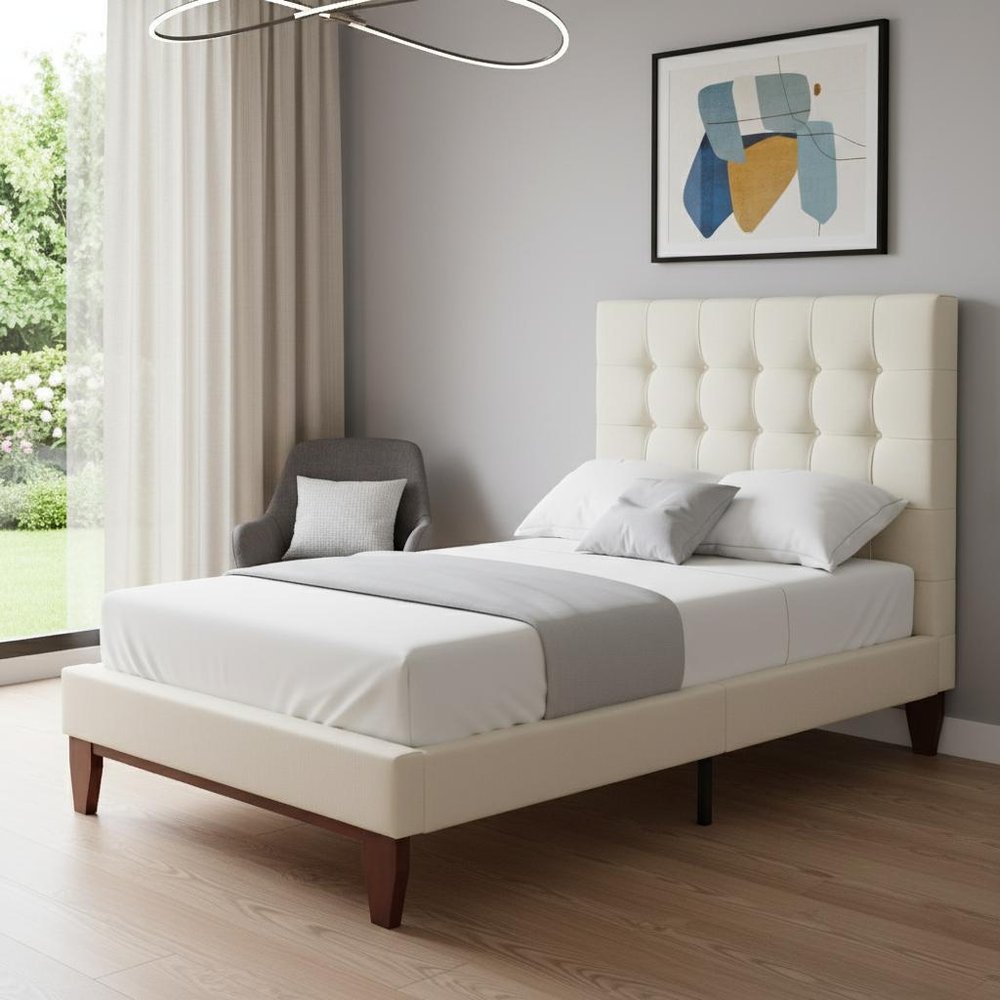 Beige Solid Wood Full Tufted Upholstered Linen Bed