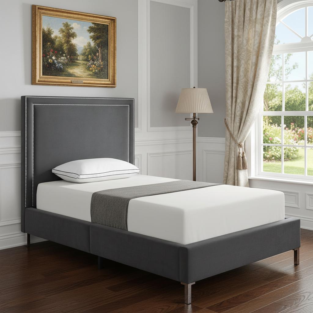 Gray Solid Wood Full Upholstered Velvet Bed with Nailhead Trim