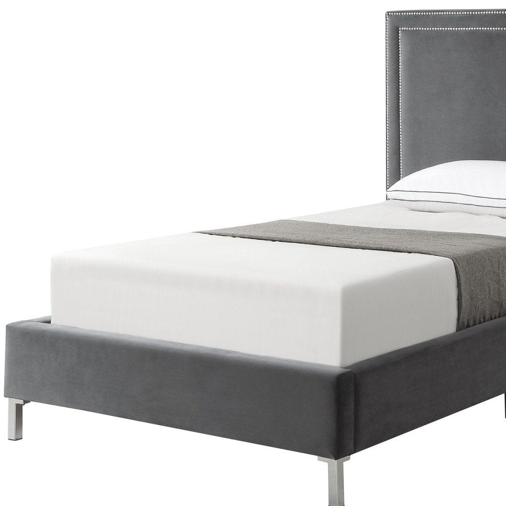 Gray Solid Wood King Upholstered Velvet Bed with Nailhead Trim