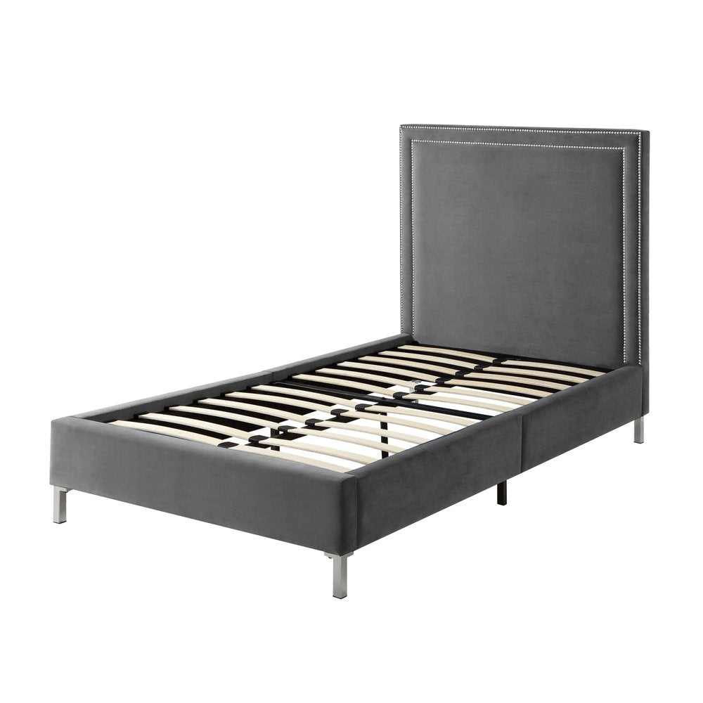 Gray Solid Wood King Upholstered Velvet Bed with Nailhead Trim