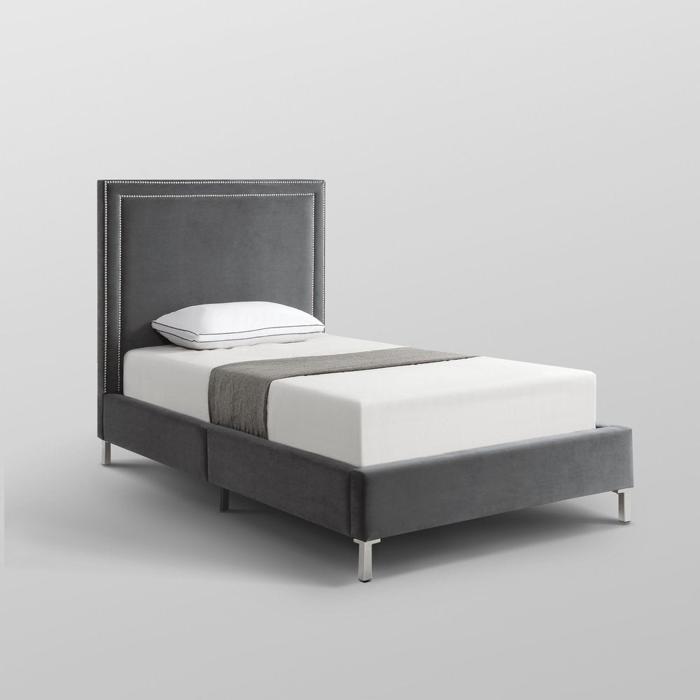 Gray Solid Wood King Upholstered Velvet Bed with Nailhead Trim